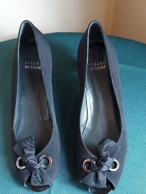 Stuart Weitzman Black Suede Peep-Toe Bow Heels 7 M